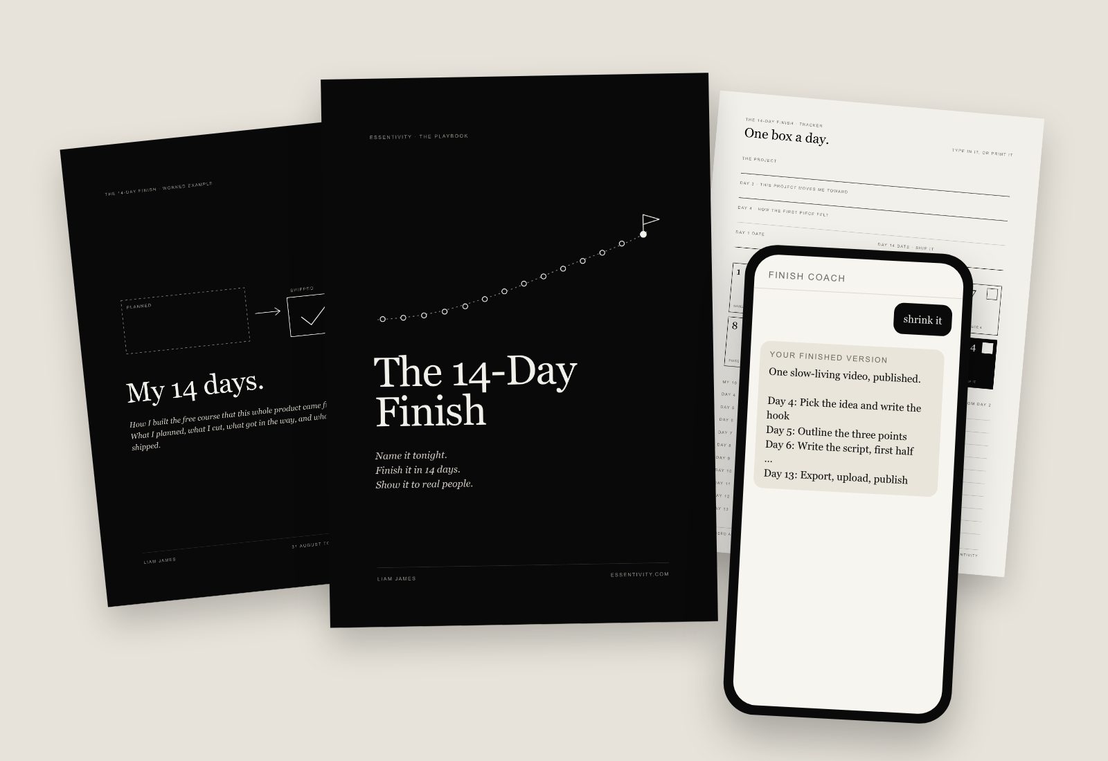 The 14-Day Finish kit: the Playbook, the tracker, the worked example and the Finish Coach on a phone